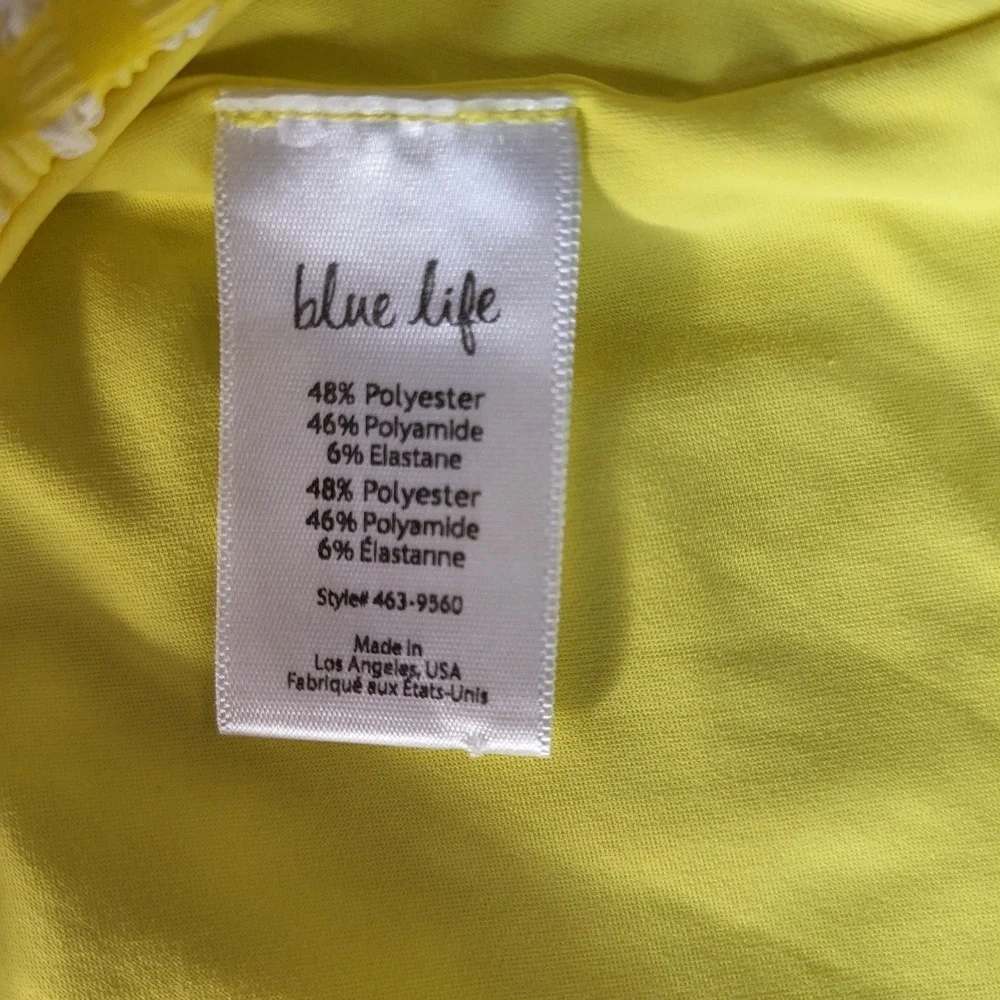Blue Life Yellow Gingham Textured Zip Front One Piece Swimsuit Small Tie Back